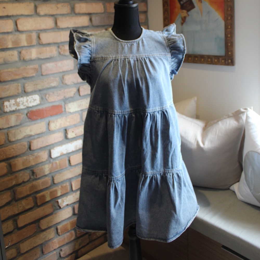 Altar’d State Denim Blue Baby Doll Tiered Dress | Size S | Flutter Sleeves